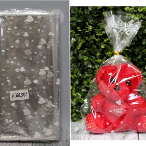 folia, woreczki dekoracyjne TRANSPARENTNE w serduszka 20x30 cm kpl 100 szt BAG-18099