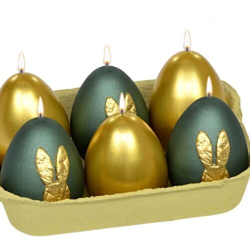 Świeca 6szt. JAJKO 60/45 BUNNY metaliczna półmat butelkowa zieleń/złoty