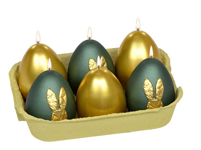 Świeca 6szt. JAJKO 60/45 BUNNY metaliczna półmat butelkowa zieleń/złoty